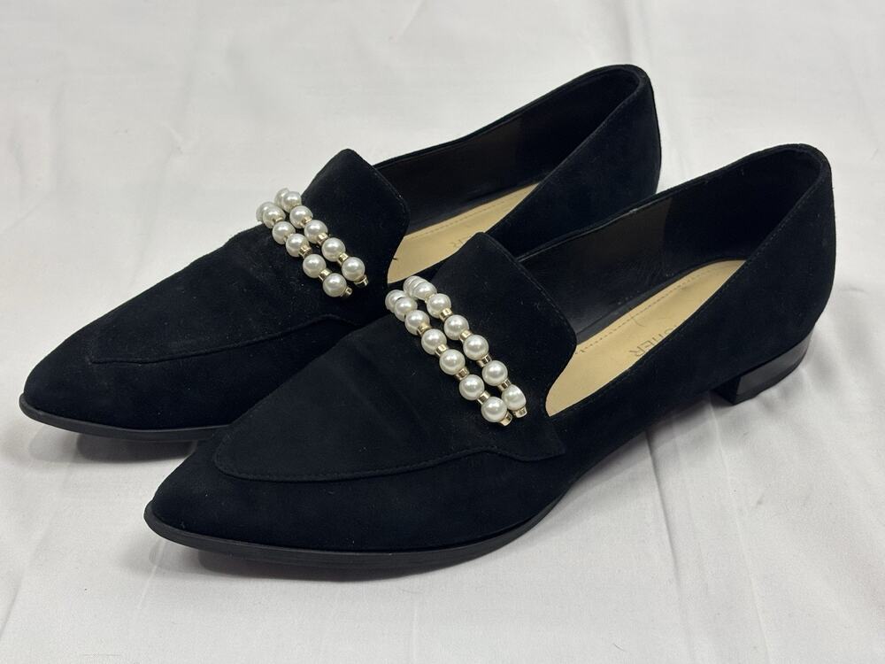 Marc Fisher Women's Kneel Pearl Embellished Flat Loafer Black Suede Size 8.5